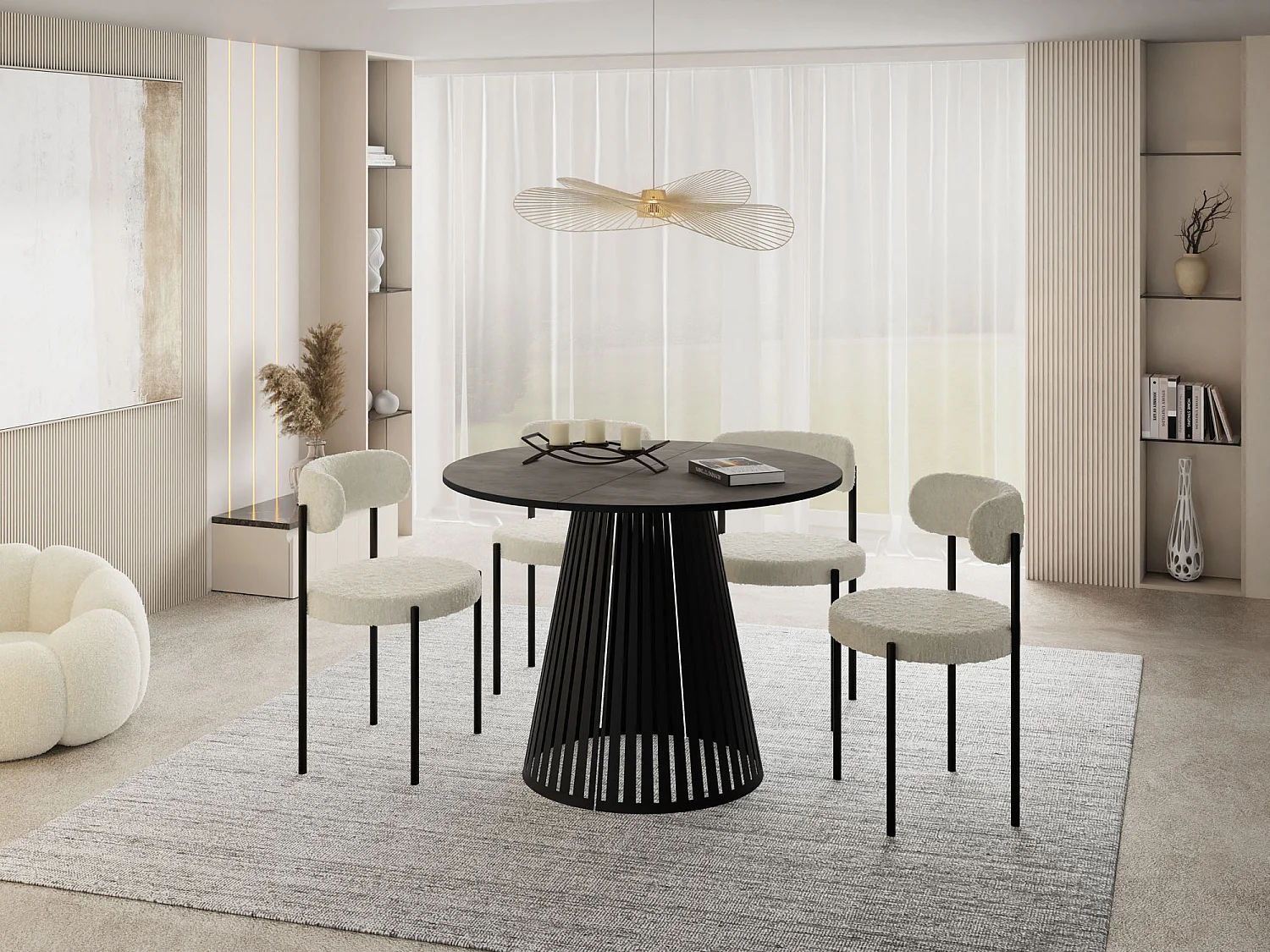 Esstisch Rund Ausziehbar mit Lamellen im Loft-Stil – 120 cm – Industrieller Tisch mit Schwarzen Metallbeinen, Platzsparend für Esszimmer – Beton-Optik Dunkelgrau