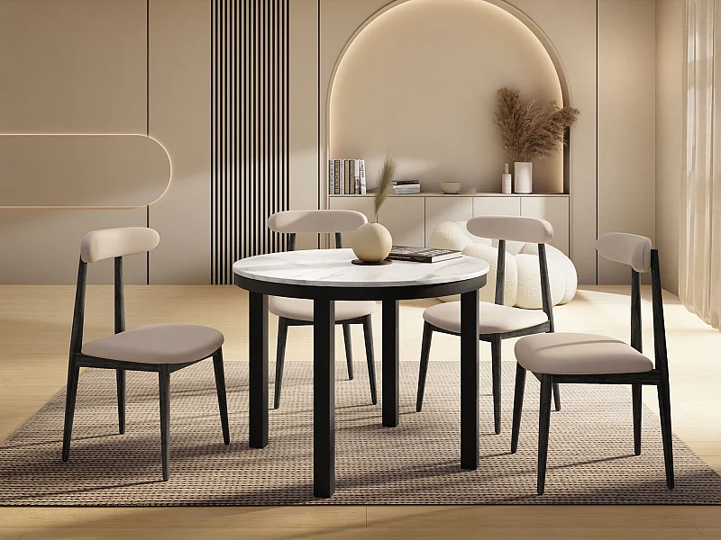 Table à Manger Ronde Extensible avec Pieds Métalliques Noirs – Table Industrielle – Table Gain de Place pour Salon ou Cuisine – 100 cm à 180 cm – Marbre Blanc