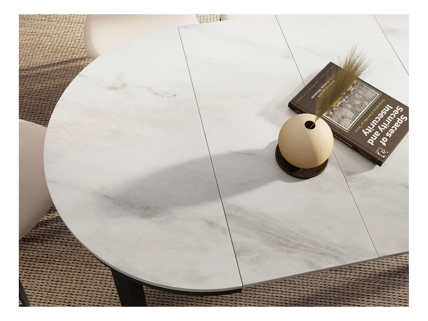 Table à Manger Ronde Extensible avec Pieds Métalliques Noirs – Table Industrielle – Table Gain de Place pour Salon ou Cuisine – 100 cm à 180 cm – Marbre Blanc