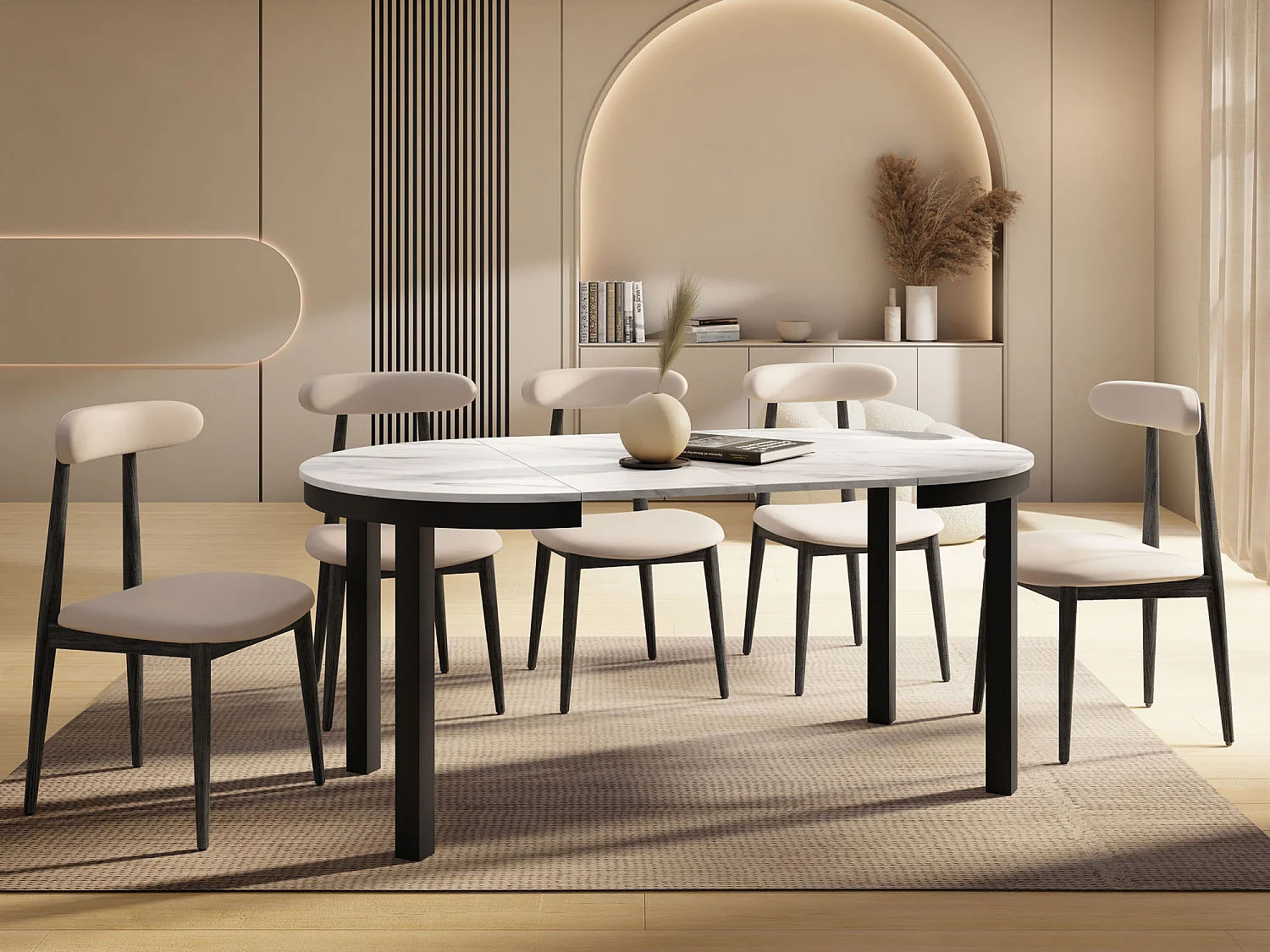 Runder Ausziehbarer Esstisch mit Schwarzem Metallgestell – Platzsparender Tisch im Loft-Stil – Weißer Marmor mit Schwarzen Metallbeinen – 100 bis 180 cm