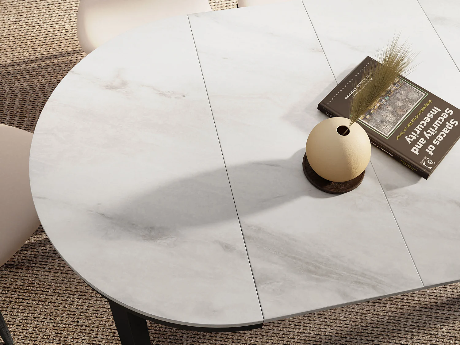 Runder Ausziehbarer Esstisch mit Schwarzem Metallgestell – Platzsparender Tisch im Loft-Stil – Weißer Marmor mit Schwarzen Metallbeinen – 100 bis 180 cm