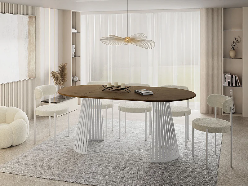 Table à Manger Ronde Extensible Style Loft – 100 à 180 cm – Design Industriel avec Pieds en Métal Blanc, Gain de Place pour Salon ou Salle à Manger – Marron