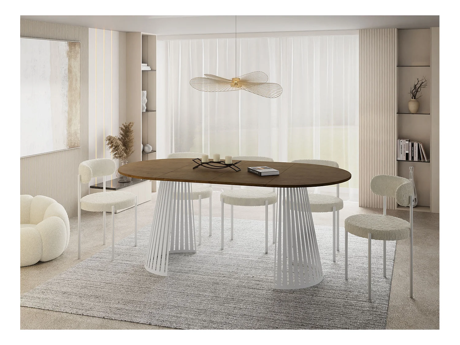 Esstisch Rund Ausziehbar mit Lamellen im Loft-Stil – 100 cm – Industrieller Tisch mit Weißen Metallbeinen, Platzsparend für Wohnzimmer Esszimmer – Braun