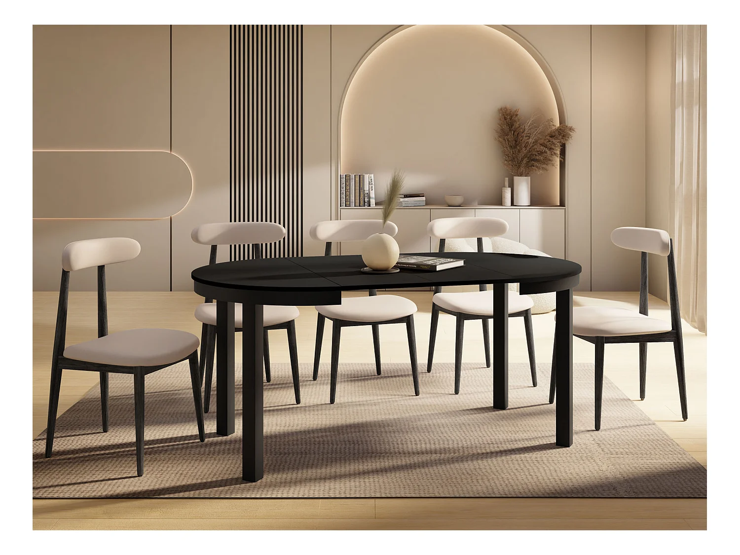 Table à Manger Ronde Extensible avec Pieds Métalliques Noirs – Table Industrielle – Table Gain de Place pour Salon ou Cuisine – 100 cm à 180 cm – Noir