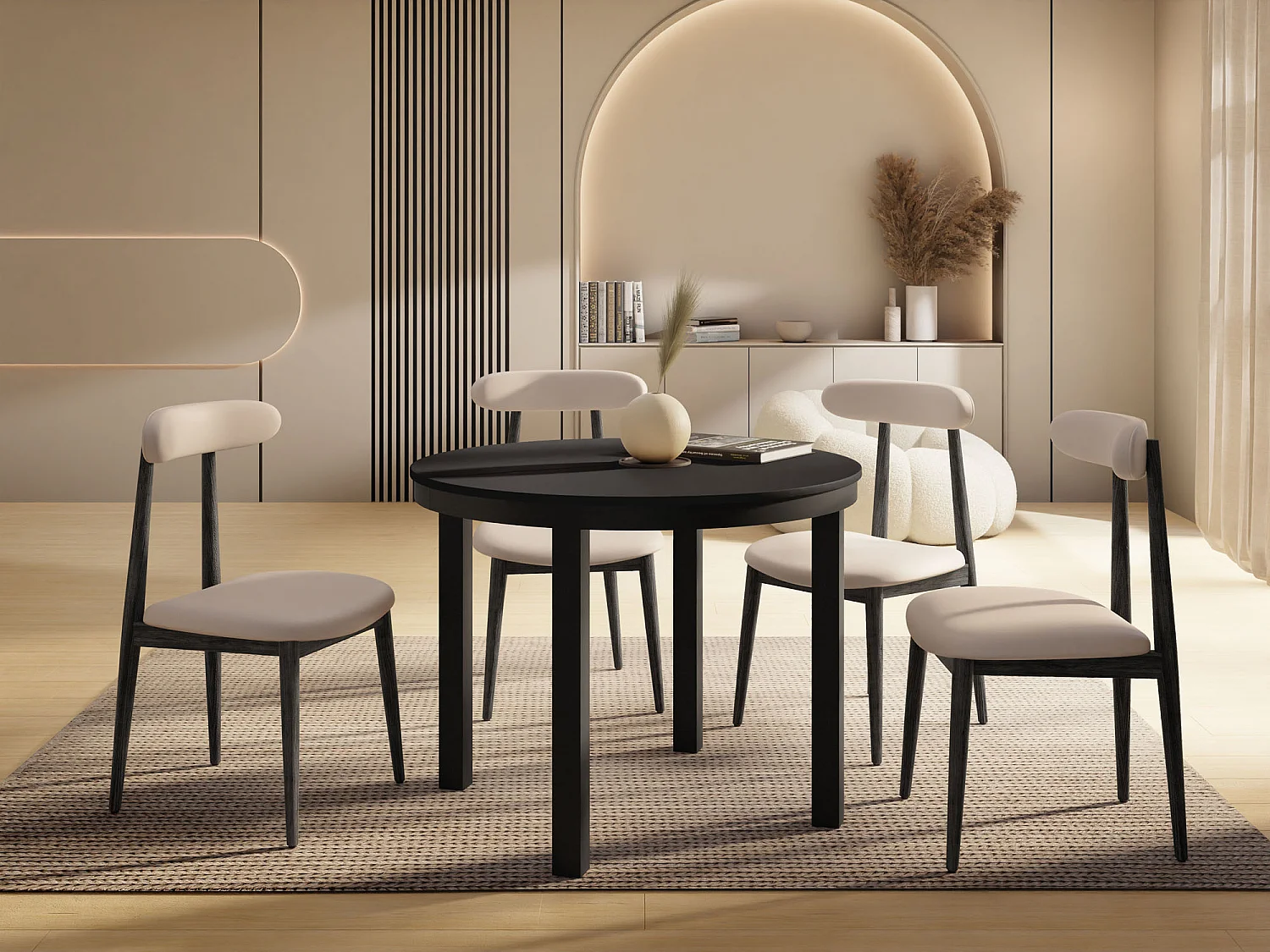 Runder Ausziehbarer Esstisch mit Schwarzem Metallgestell – Platzsparender Tisch im Loft-Stil – Schwarz mit Schwarzen Metallbeinen – 100 bis 180 cm