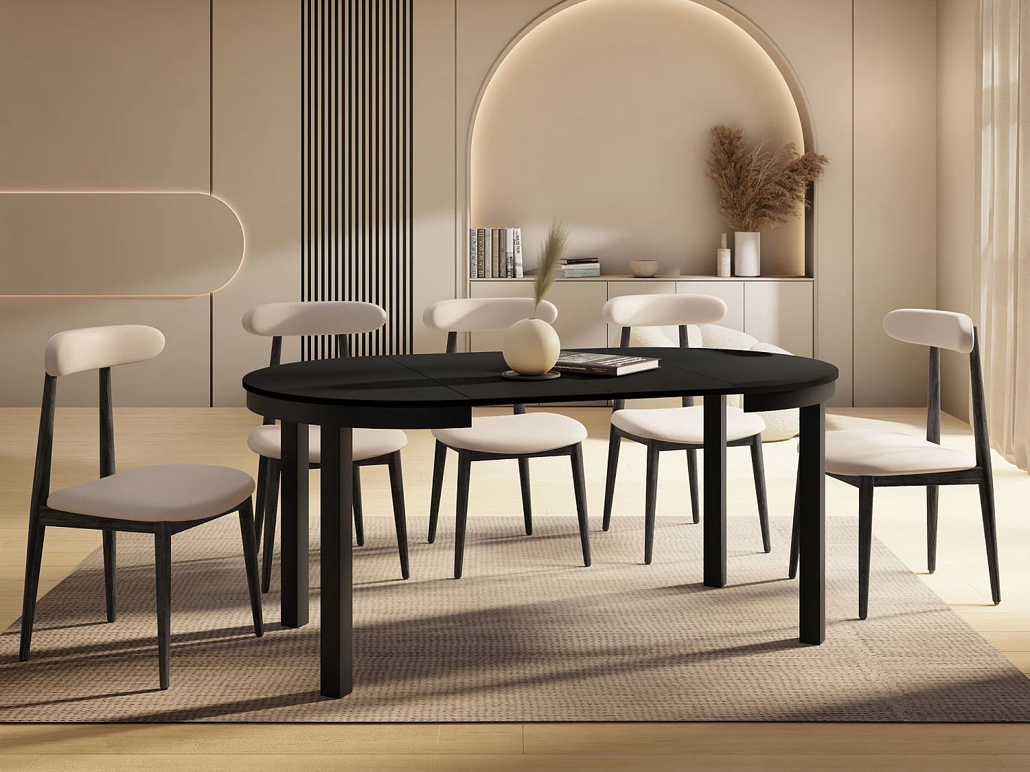 Runder Ausziehbarer Esstisch mit Schwarzem Metallgestell – Platzsparender Tisch im Loft-Stil – Schwarz mit Schwarzen Metallbeinen – 100 bis 180 cm