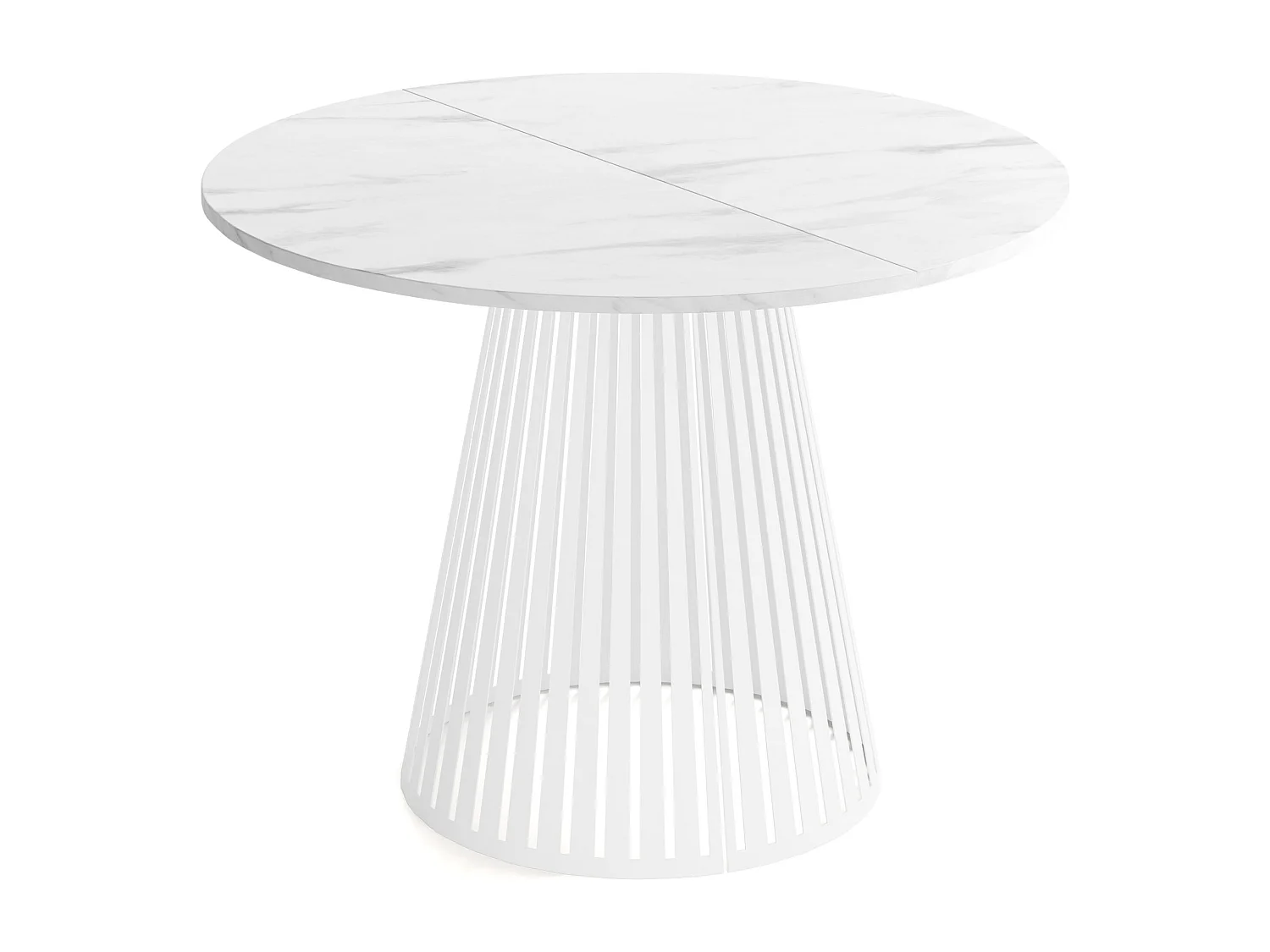 Esstisch Rund Ausziehbar mit Lamellen im Loft-Stil – 120 cm – Industrieller Tisch mit Weißen Metallbeinen, Platzsparend für Wohnzimmer Esszimmer – Marmor Weiß