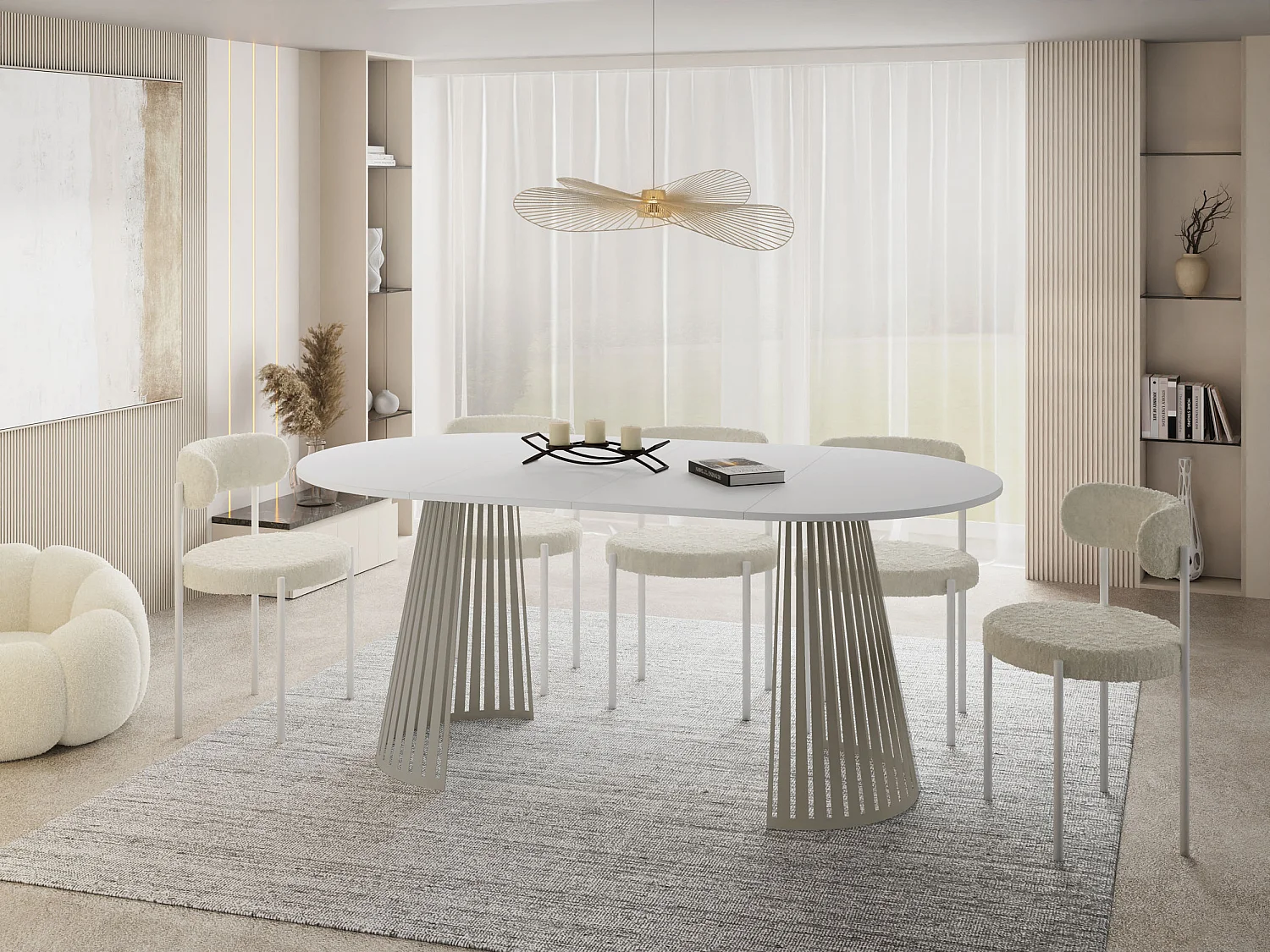 Esstisch Rund Ausziehbar mit Lamellen im Loft-Stil – 120 cm – Industrieller Tisch mit Metallbeinen in Grau-Beige, Platzsparend für Wohnzimmer Esszimmer – Weiß