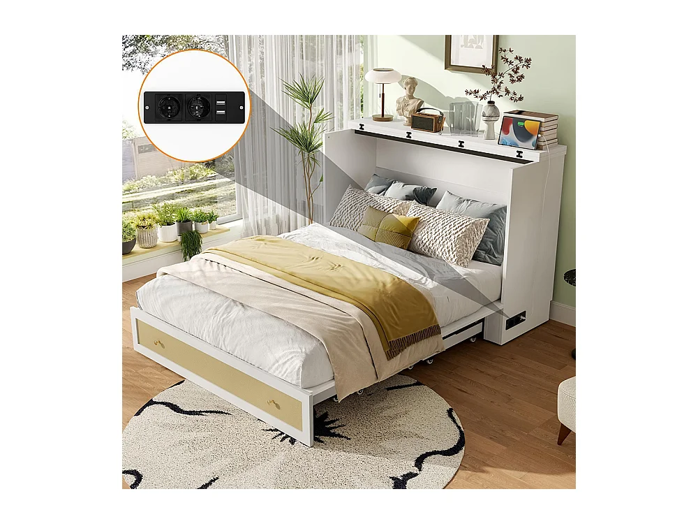 Lit escamotable mobile 140x200 cm tiroirs pied étagère tête USB électrique sans matelas blanc