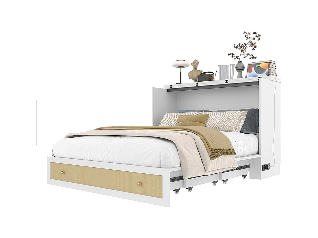 Lit escamotable mobile 140x200 cm tiroirs pied étagère tête USB électrique sans matelas blanc