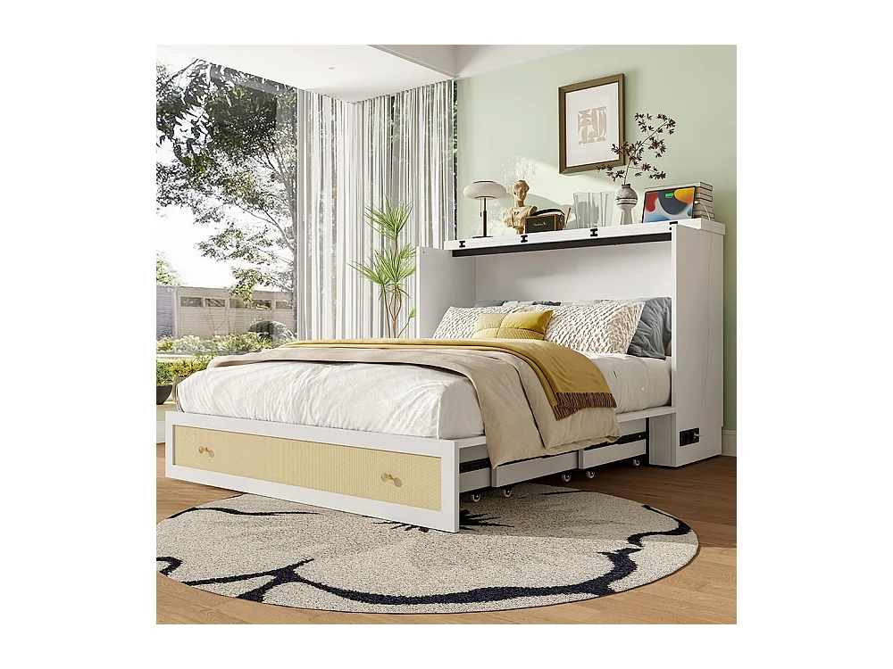 Lit escamotable mobile 140x200 cm tiroirs pied étagère tête USB électrique sans matelas blanc