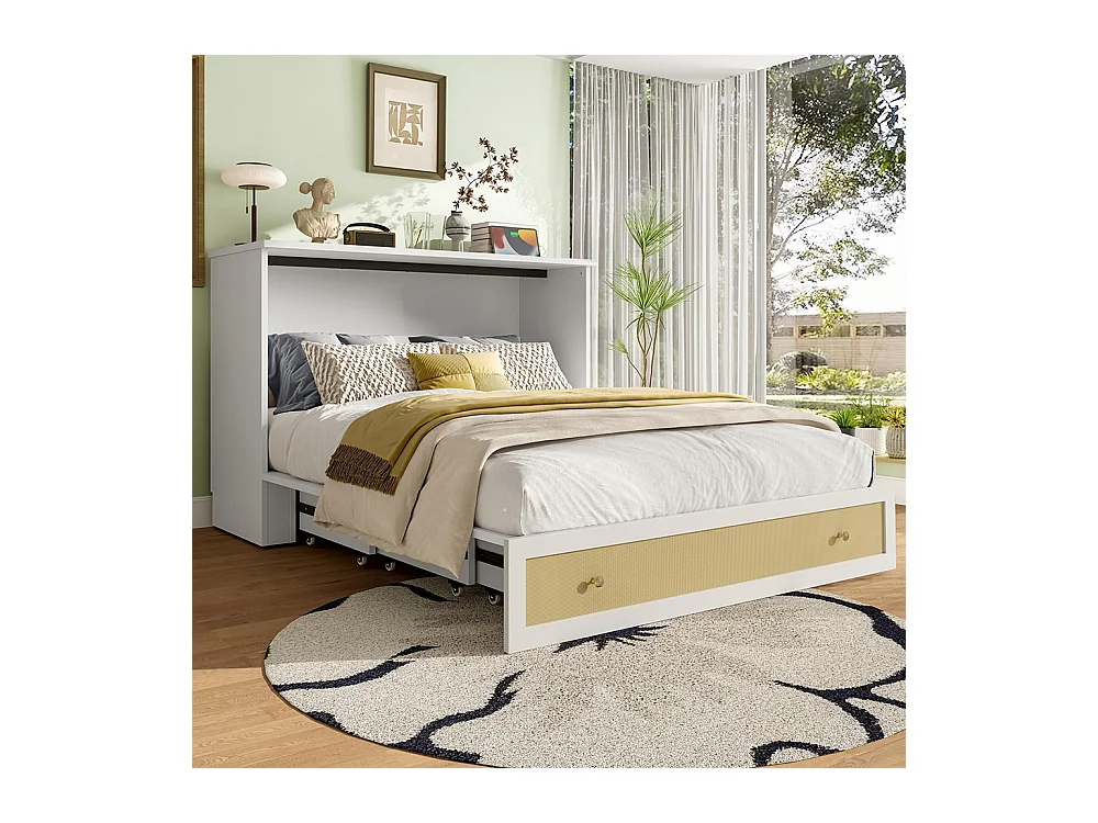 Lit escamotable mobile 140x200 cm tiroirs pied étagère tête USB électrique sans matelas blanc