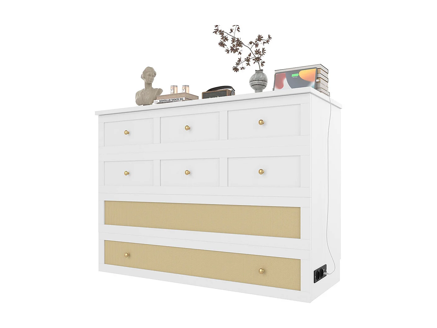 Lit escamotable mobile 140x200 cm tiroirs pied étagère tête USB électrique sans matelas blanc