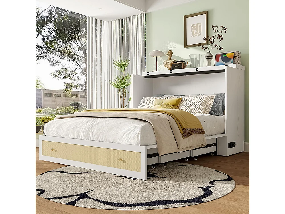 Lit escamotable mobile 140x200 cm tiroirs pied étagère tête USB électrique sans matelas blanc