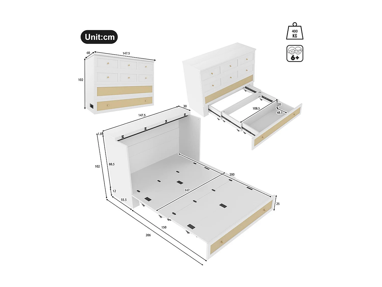 Lit escamotable mobile 140x200 cm tiroirs pied étagère tête USB électrique sans matelas blanc