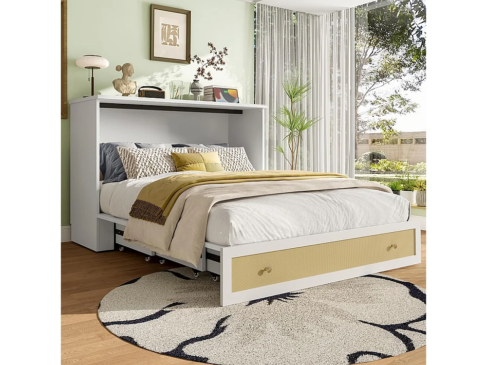 Lit escamotable mobile 140x200 cm tiroirs pied étagère tête USB électrique sans matelas blanc