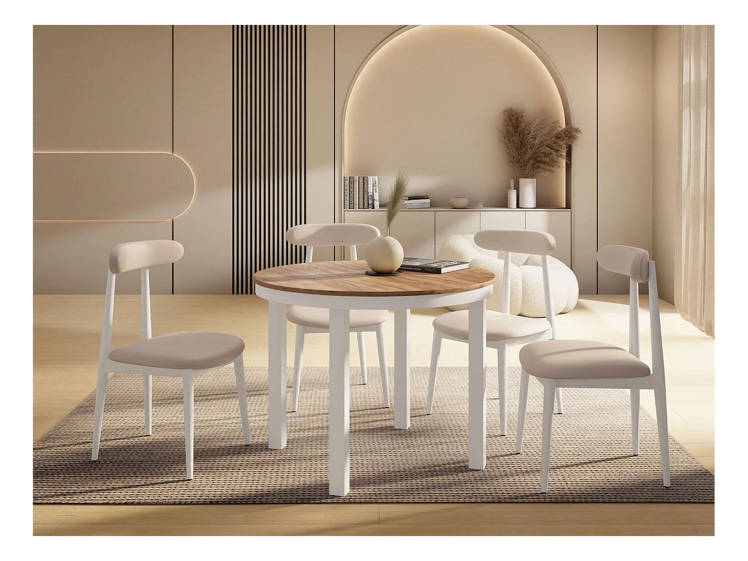 Table à Manger Ronde Extensible avec Pieds Métalliques Blancs – Table Industrielle – Table Gain de Place pour Salon ou Cuisine – 100 cm à 180 cm – Chêne Craft