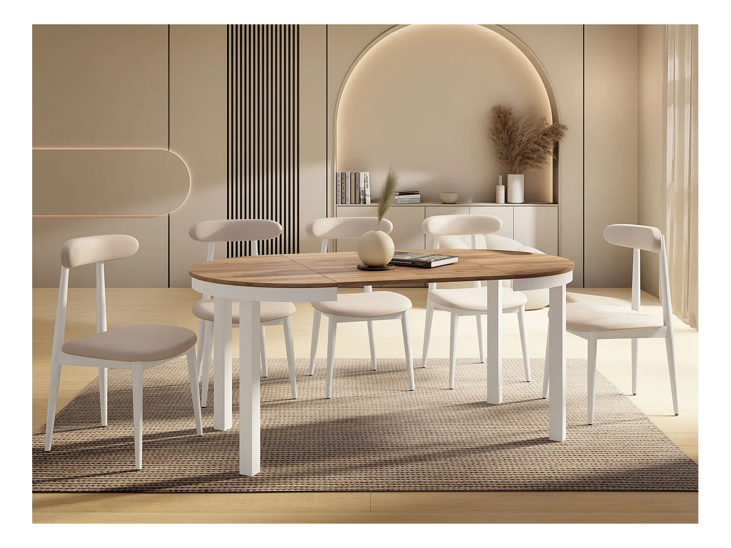 Table à Manger Ronde Extensible avec Pieds Métalliques Blancs – Table Industrielle – Table Gain de Place pour Salon ou Cuisine – 100 cm à 180 cm – Chêne Craft