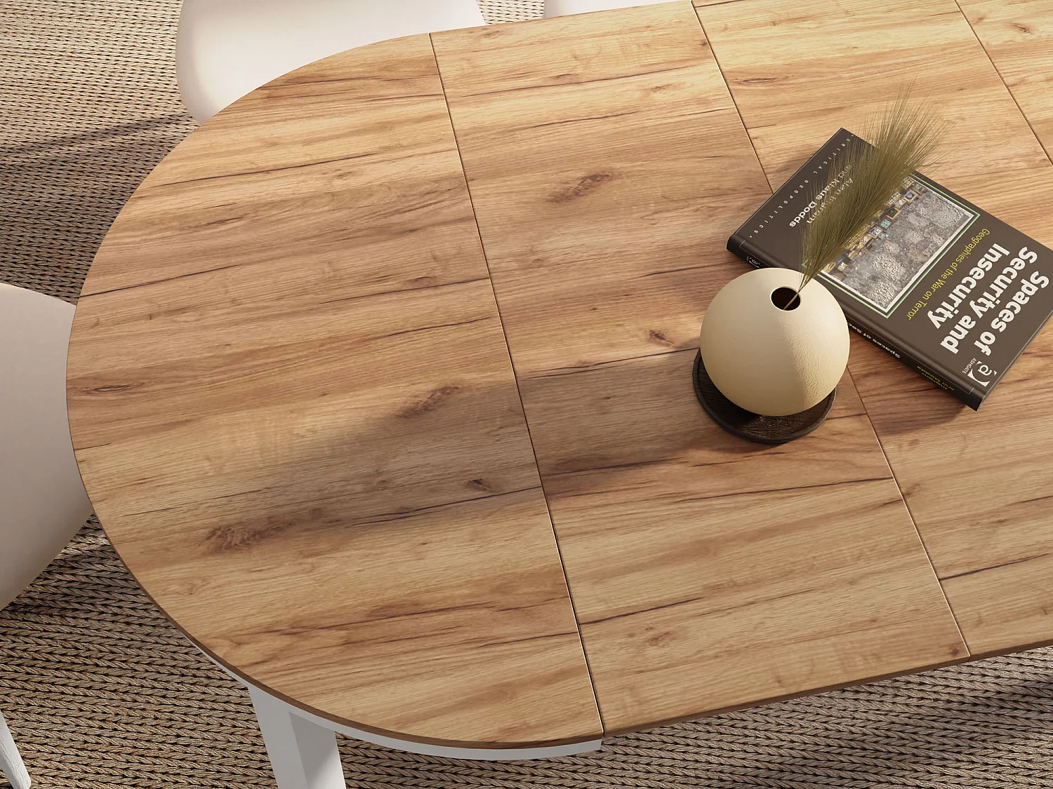 Table à Manger Ronde Extensible avec Pieds Métalliques Blancs – Table Industrielle – Table Gain de Place pour Salon ou Cuisine – 100 cm à 180 cm – Chêne Craft