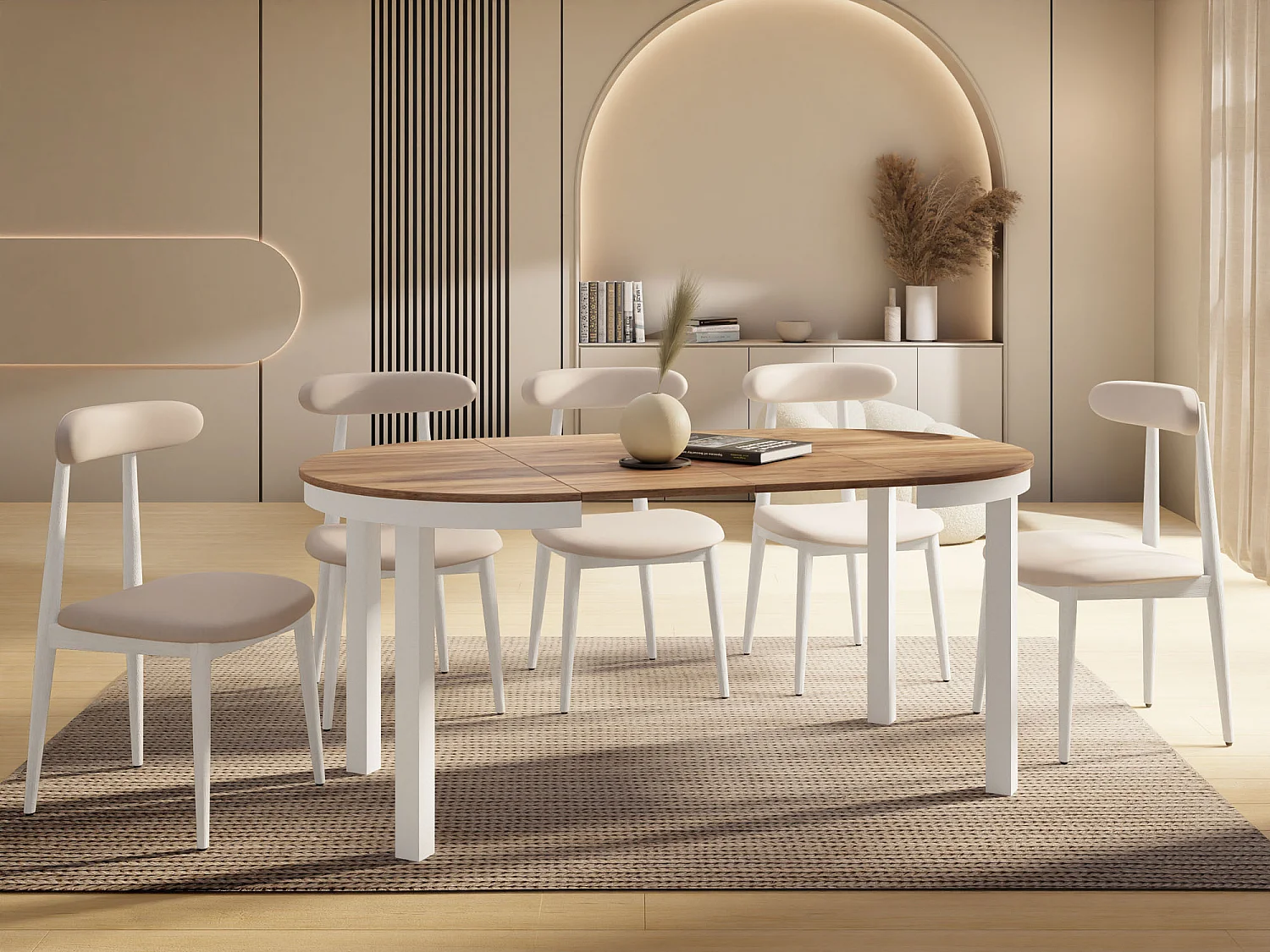 Runder Ausziehbarer Esstisch mit Weißem Metallgestell – Platzsparender Tisch im Loft-Stil für Wohnzimmer – Craft Eiche mit Weißen Metallbeinen – 100 bis 180 cm