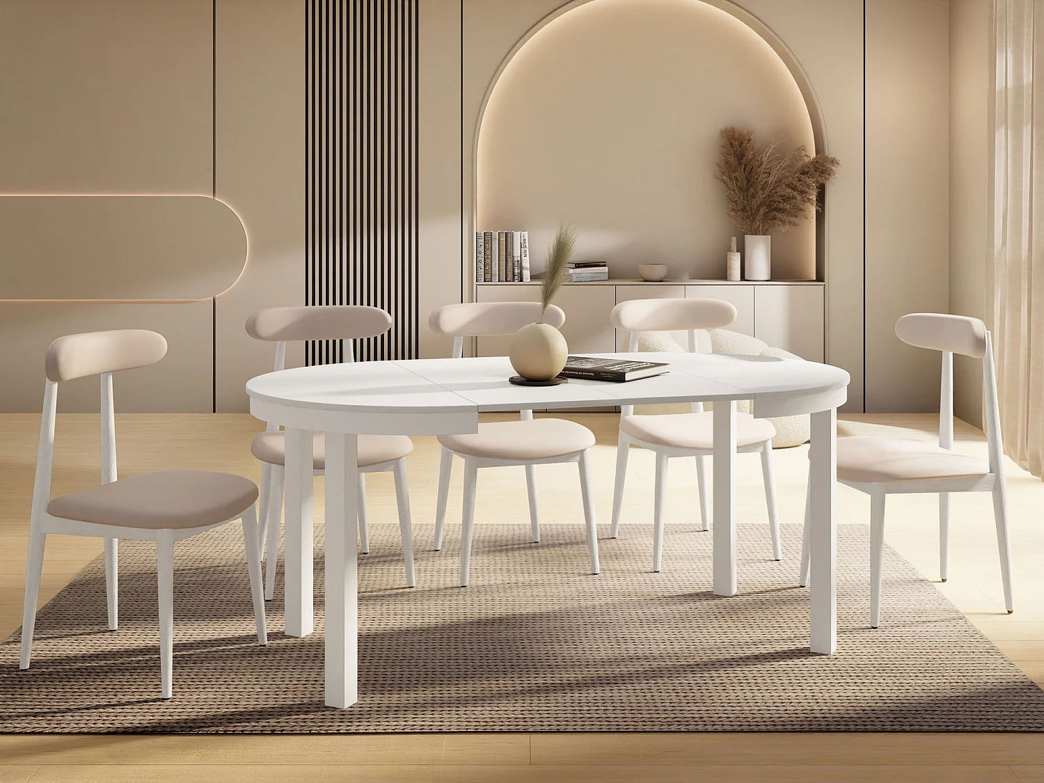 Runder Ausziehbarer Esstisch mit Weißem Metallgestell – Platzsparender Tisch im Loft-Stil für Wohnzimmer – Weiß mit Weißen Metallbeinen – 100 bis 180 cm