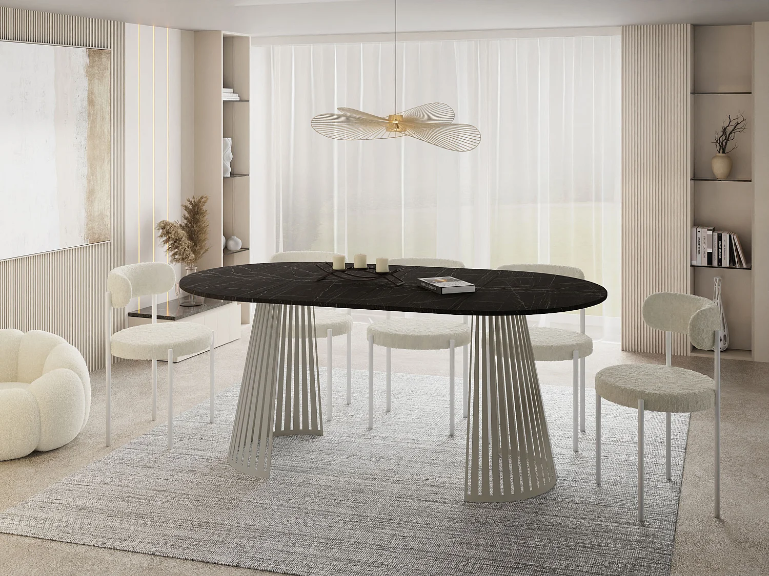 Esstisch Rund Ausziehbar mit Lamellen im Loft-Stil – 120 cm – Industrieller Tisch mit Metallbeinen in Grau-Beige, Platzsparend für Wohnzimmer – Marmor Schwarz