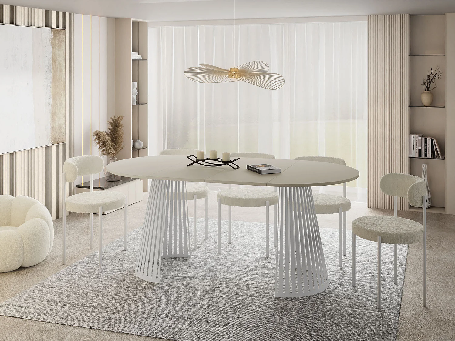 Esstisch Rund Ausziehbar mit Lamellen im Loft-Stil – 120 cm – Industrieller Tisch mit Weißen Metallbeinen, Platzsparend für Wohnzimmer Esszimmer – Beige Cashmere