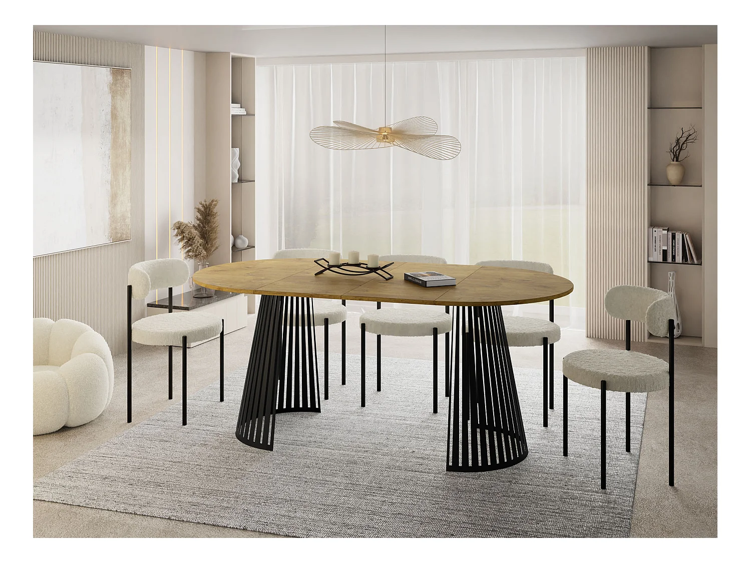 Esstisch Rund Ausziehbar mit Lamellen im Loft-Stil – 100 cm – Industrieller Tisch mit Schwarzen Metallbeinen, Platzsparend für Wohnzimmer Esszimmer – Braun