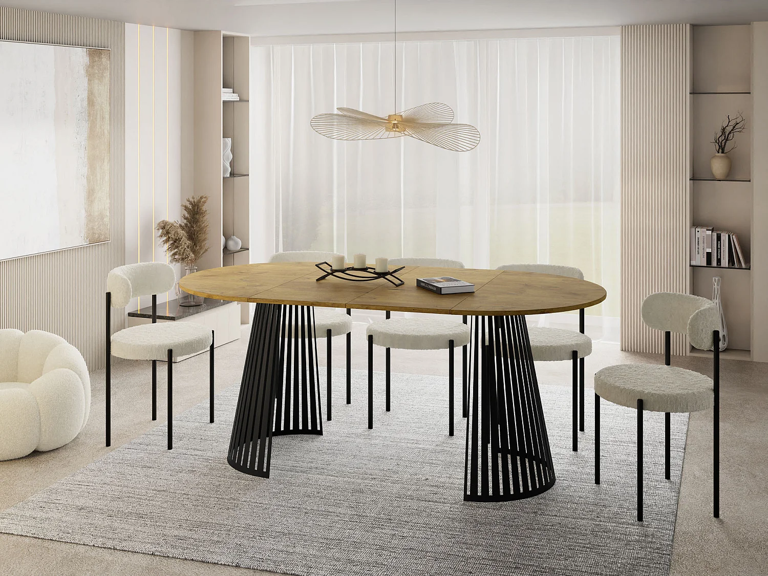 Esstisch Rund Ausziehbar mit Lamellen im Loft-Stil – 120 cm – Industrieller Tisch mit Schwarzen Metallbeinen, Platzsparend für Wohnzimmer Esszimmer – Braun