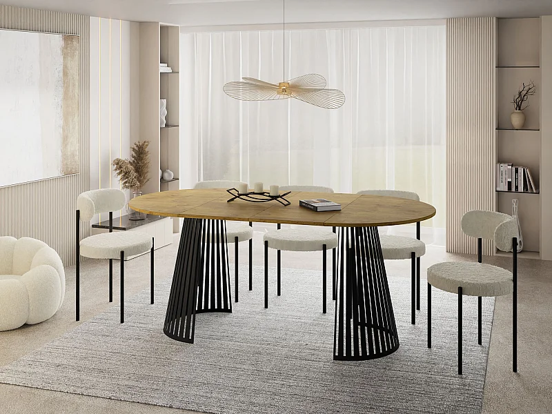 Esstisch Rund Ausziehbar mit Lamellen im Loft-Stil – 120 cm – Industrieller Tisch mit Schwarzen Metallbeinen, Platzsparend für Wohnzimmer Esszimmer – Braun