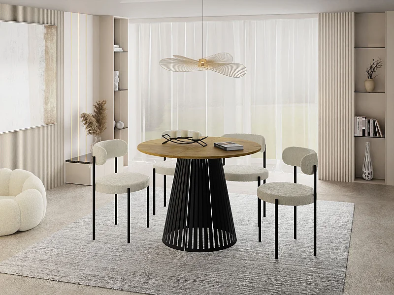 Esstisch Rund Ausziehbar mit Lamellen im Loft-Stil – 120 cm – Industrieller Tisch mit Schwarzen Metallbeinen, Platzsparend für Wohnzimmer Esszimmer – Braun