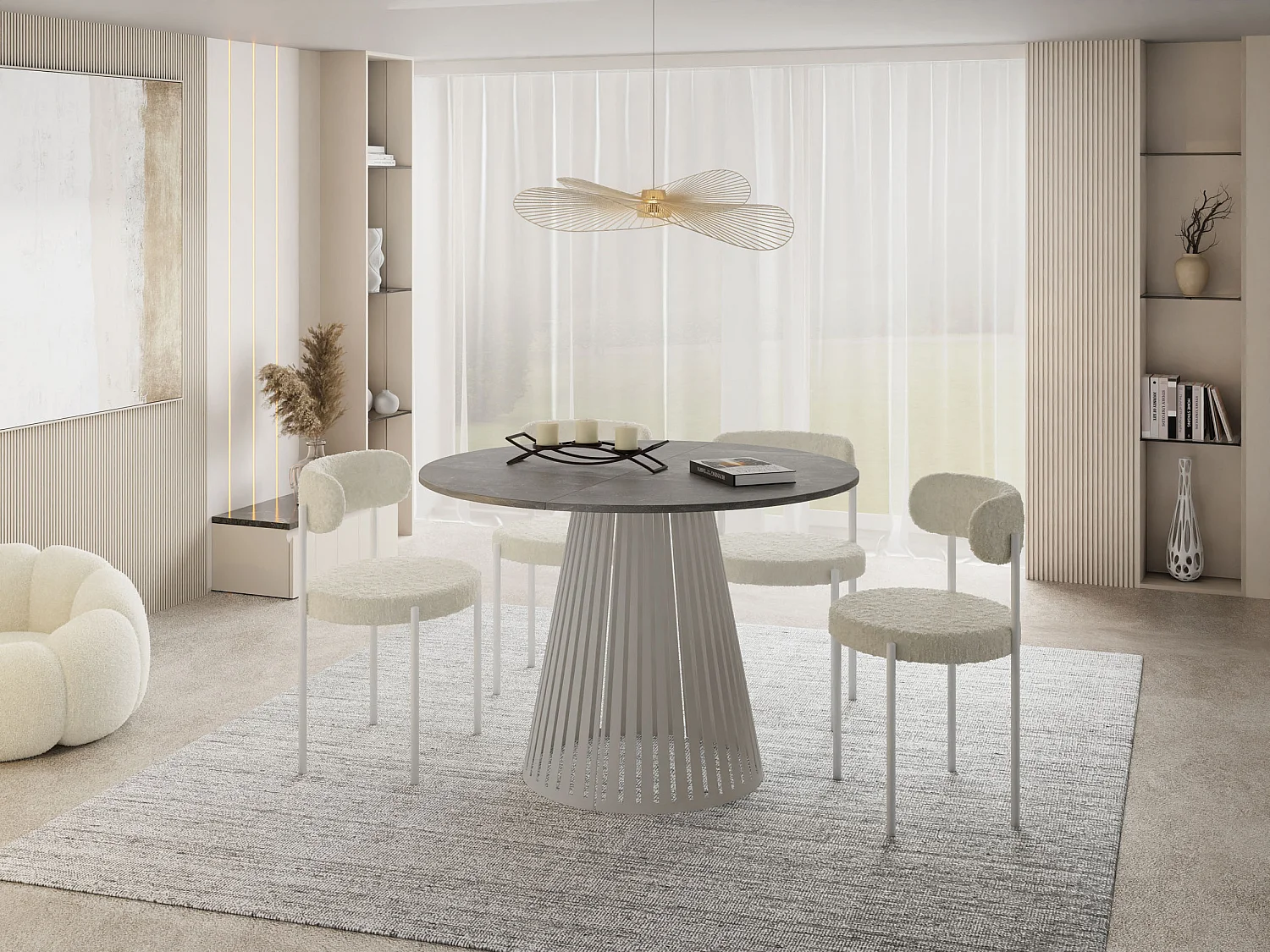 Esstisch Rund Ausziehbar mit Lamellen im Loft-Stil – 100 cm – Industrieller Tisch mit Metallbeinen in Grau-Beige, Platzsparend für Wohnzimmer – Grauer Beton