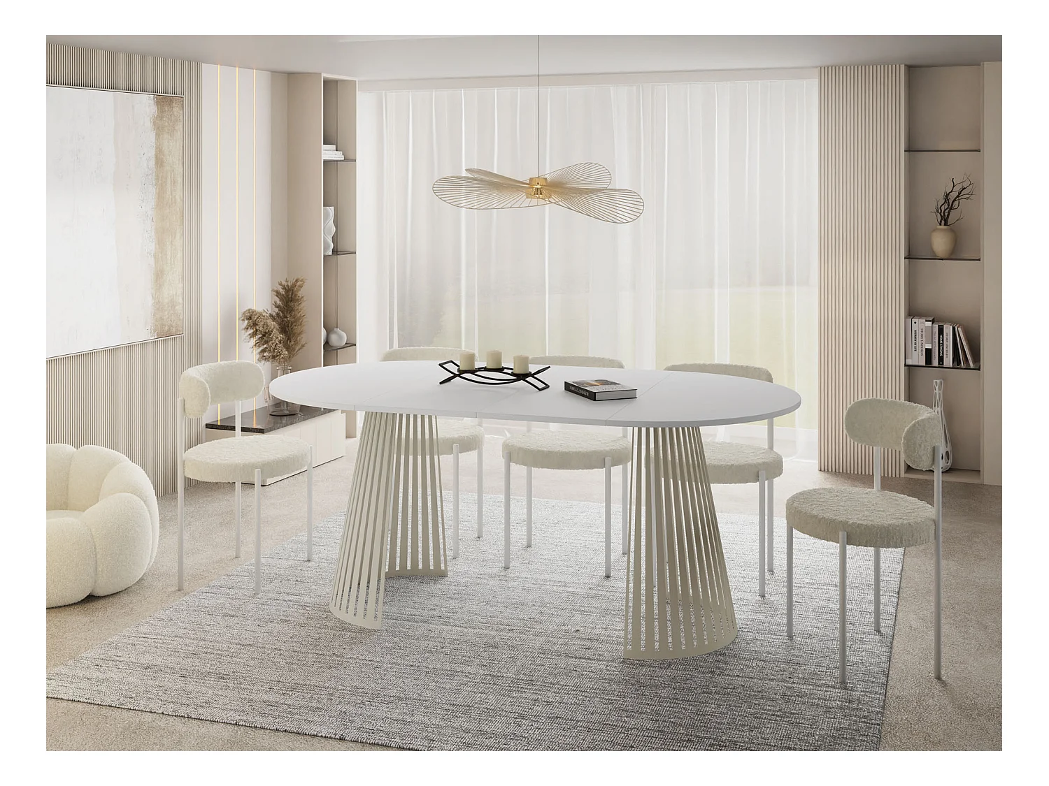 Esstisch Rund Ausziehbar mit Lamellen im Loft-Stil – 100 cm – Industrieller Tisch mit Metallbeinen in Beige Cashmere, Platzsparend für Wohnzimmer Esszimmer – Weiß