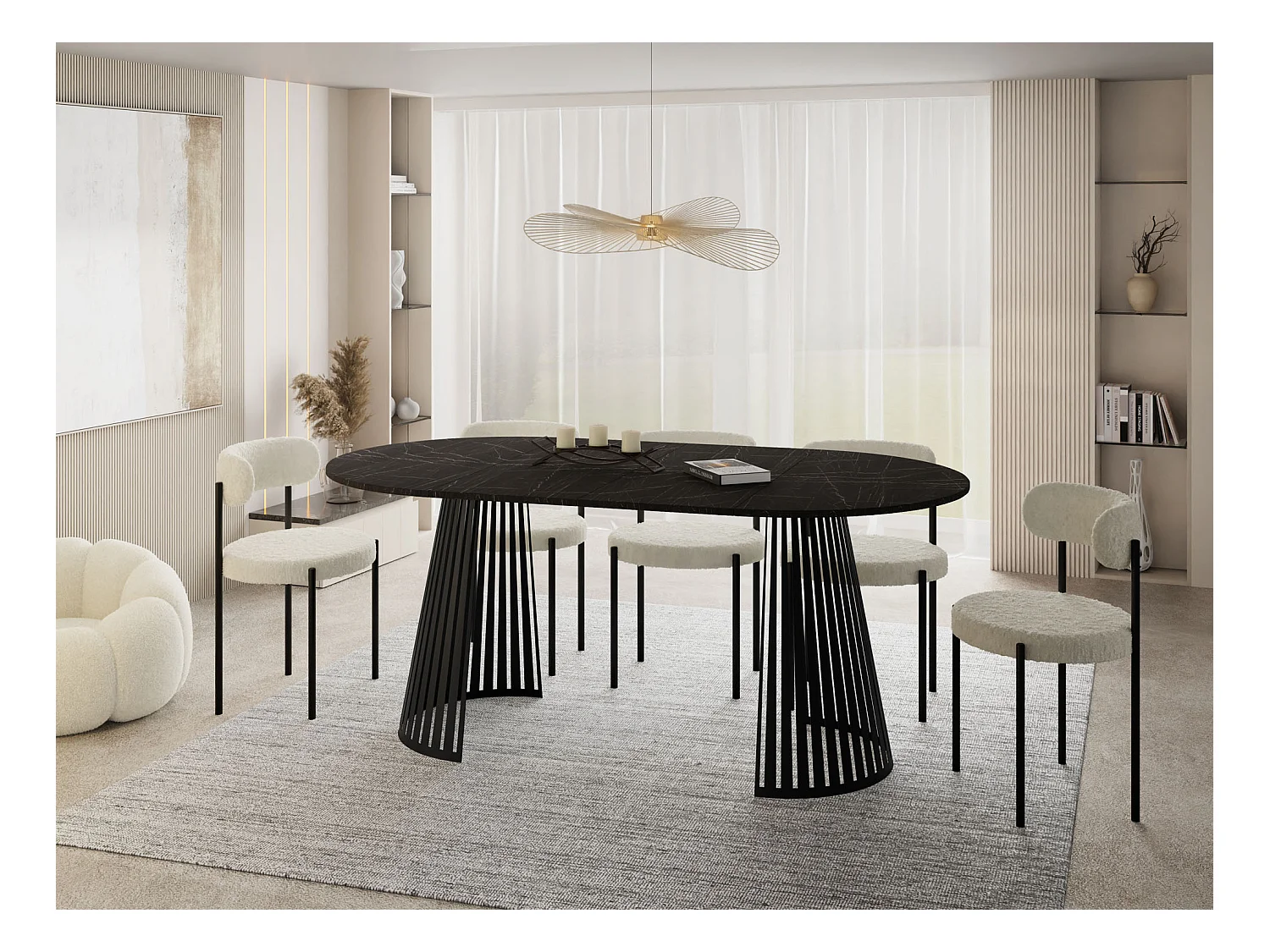 Esstisch Rund Ausziehbar mit Lamellen im Loft-Stil – 100 cm – Industrieller Tisch mit Schwarzen Metallbeinen, Platzsparend für Wohnzimmer Esszimmer – Marmor Schwarz