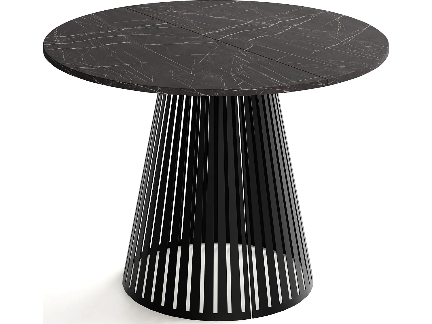 Table à Manger Ronde Extensible avec Lamelles Style Loft 100 cm – Design Industriel avec Pieds en Métal Noir, Gain de Place pour Salon, Salle à Manger – Marbre Noir