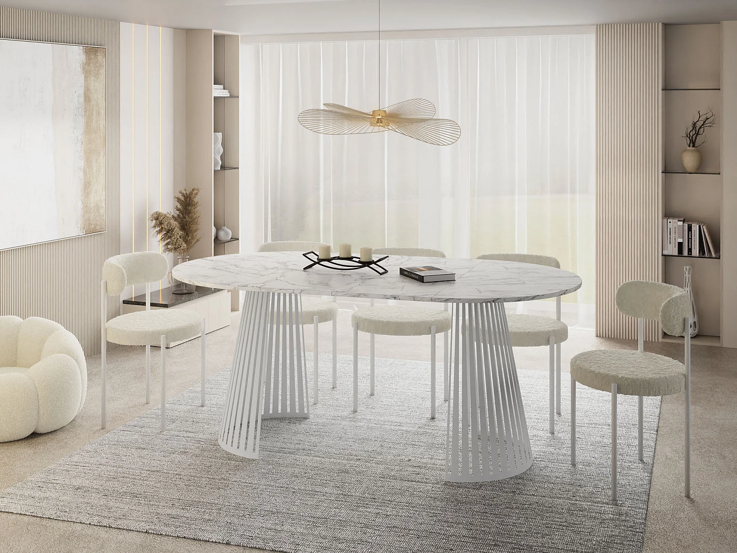 Table à Manger Ronde Extensible Style Loft – 100 à 180 cm – Design Industriel avec Pieds en Métal Blanc, Gain de Place pour Salon ou Salle à Manger – Marbre Blanc
