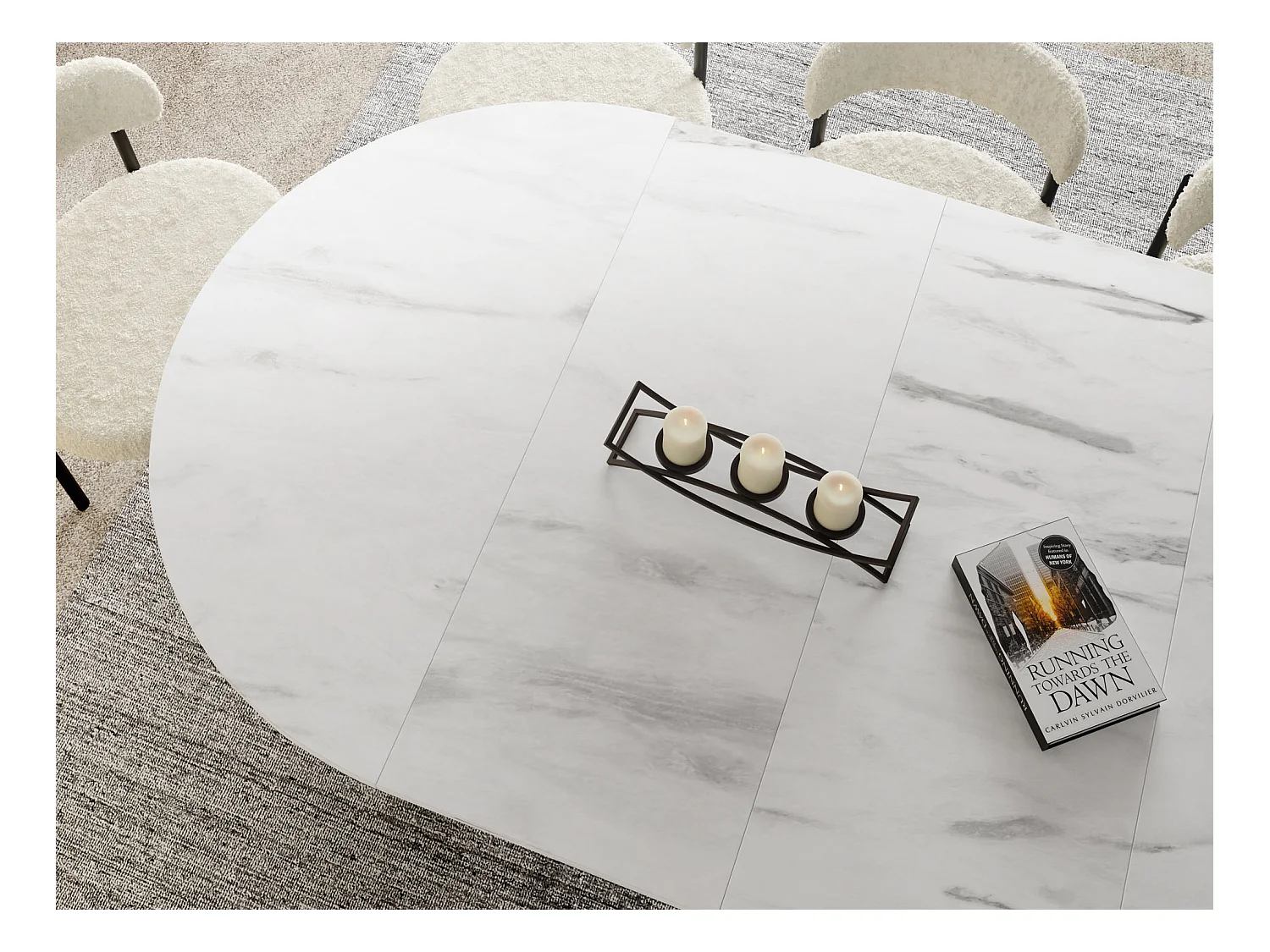 Table à Manger Ronde Extensible Style Loft – 100 à 180 cm – Design Industriel avec Pieds en Métal Blanc, Gain de Place pour Salon ou Salle à Manger – Marbre Blanc