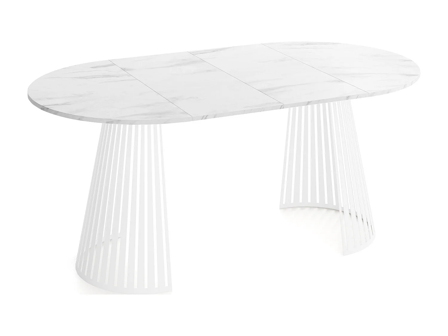 Esstisch Rund Ausziehbar mit Lamellen im Loft-Stil – 100 cm – Industrieller Tisch mit Weißen Metallbeinen, Platzsparend für Wohnzimmer Esszimmer – Marmor Weiß