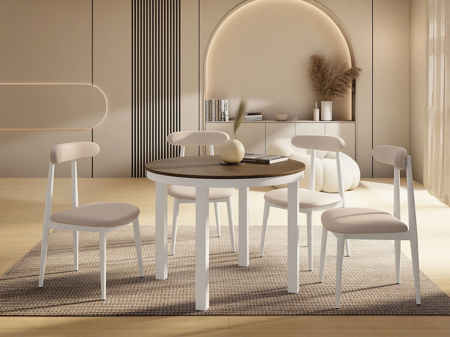 Table à Manger Ronde Extensible avec Pieds Métalliques Blancs – Table Industrielle – Table Gain de Place pour Salon ou Cuisine – 100 cm à 180 cm – Chêne Lefkas