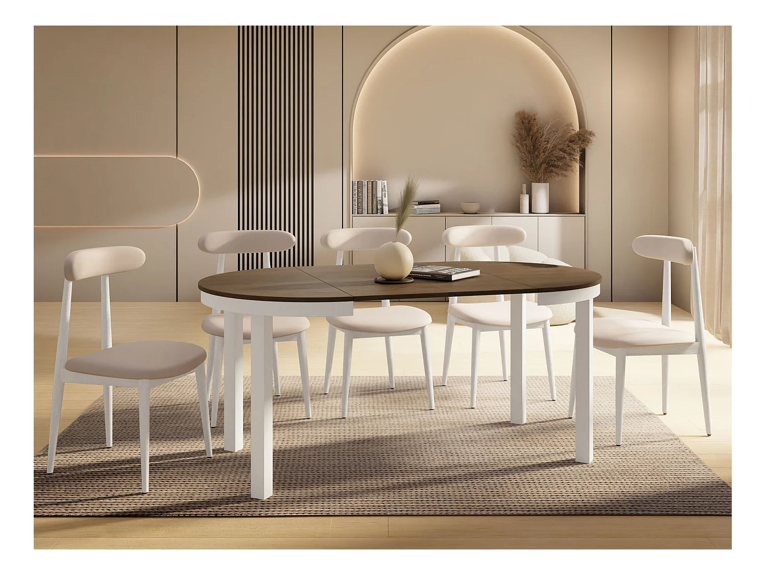 Table à Manger Ronde Extensible avec Pieds Métalliques Blancs – Table Industrielle – Table Gain de Place pour Salon ou Cuisine – 100 cm à 180 cm – Chêne Lefkas