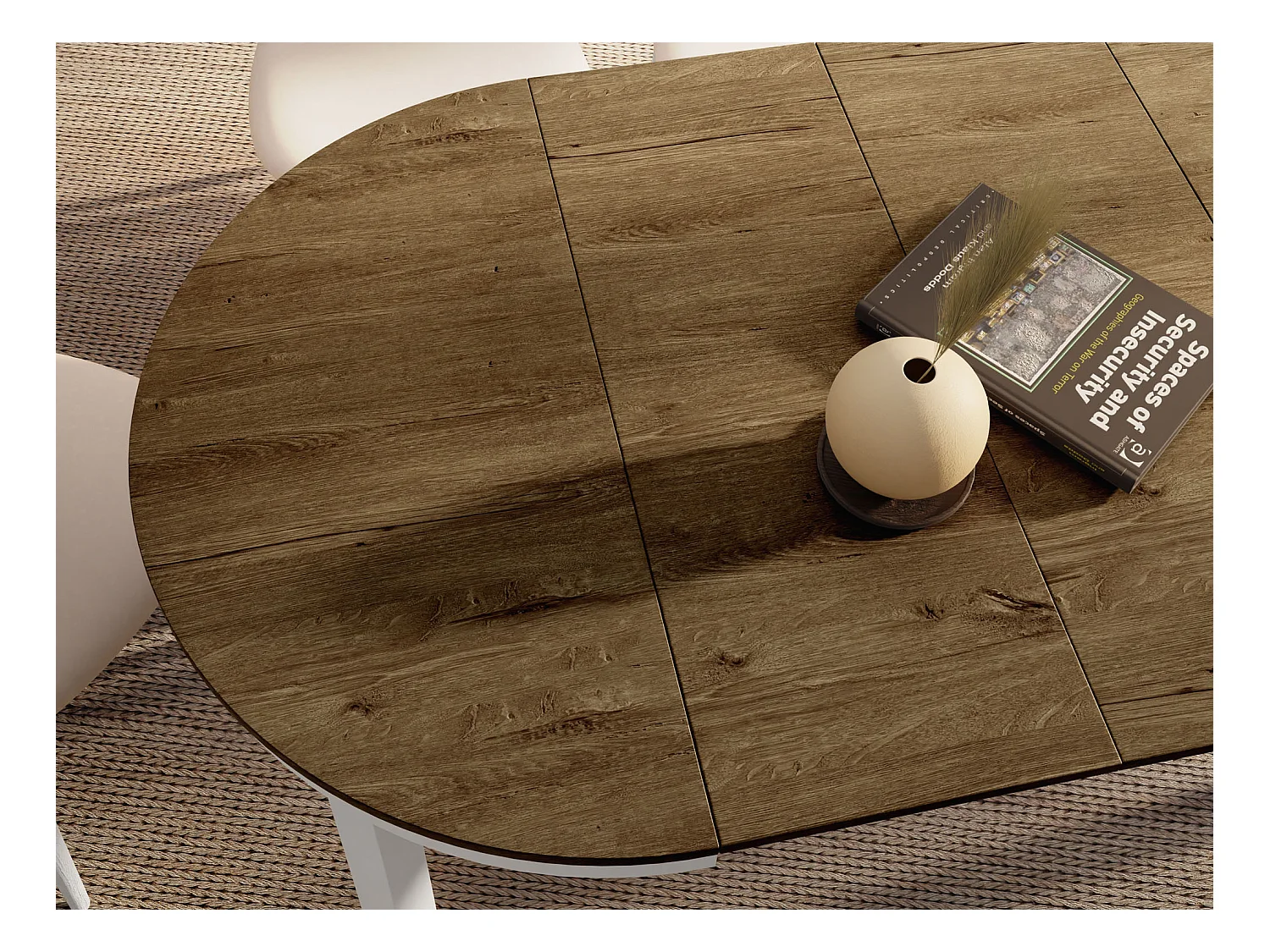 Table à Manger Ronde Extensible avec Pieds Métalliques Blancs – Table Industrielle – Table Gain de Place pour Salon ou Cuisine – 100 cm à 180 cm – Chêne Lefkas