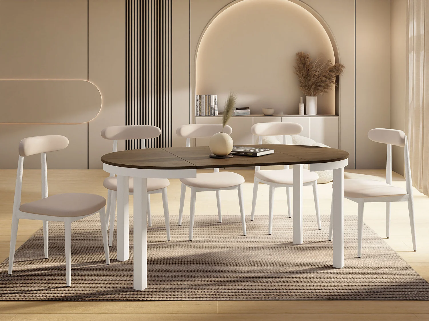 Runder Ausziehbarer Esstisch mit Weißem Metallgestell – Platzsparender Tisch im Loft-Stil für Wohnzimmer – Lefkas Eiche mit Weißen Metallbeinen – 100 bis 180 cm