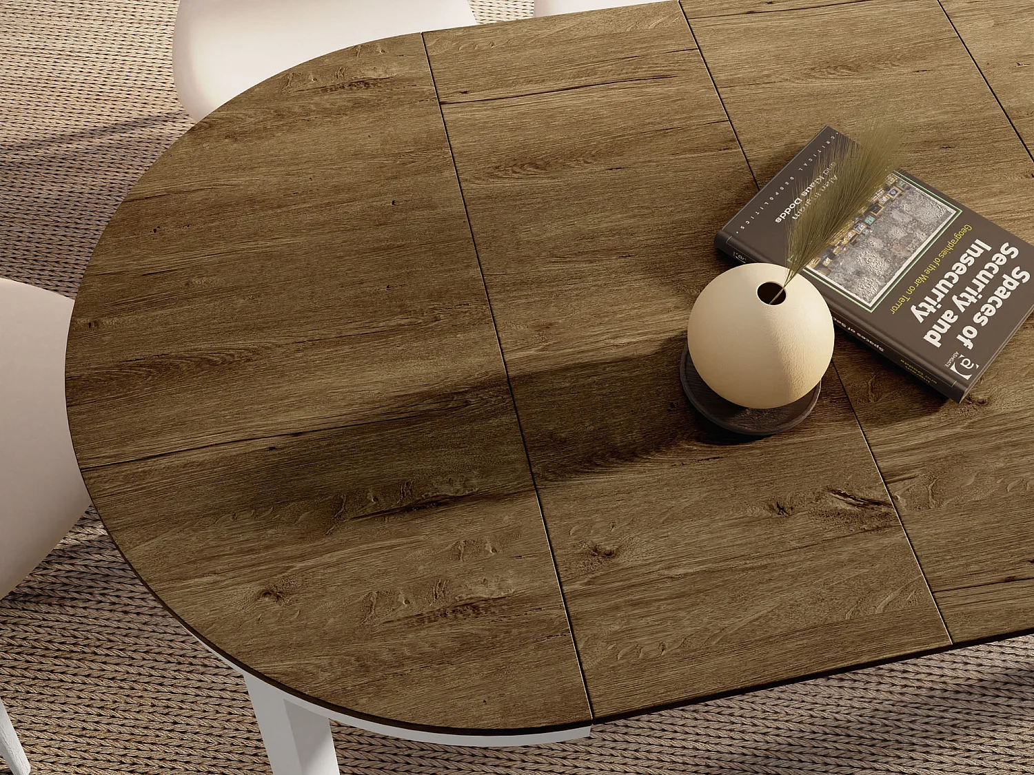 Runder Ausziehbarer Esstisch mit Weißem Metallgestell – Platzsparender Tisch im Loft-Stil für Wohnzimmer – Lefkas Eiche mit Weißen Metallbeinen – 100 bis 180 cm