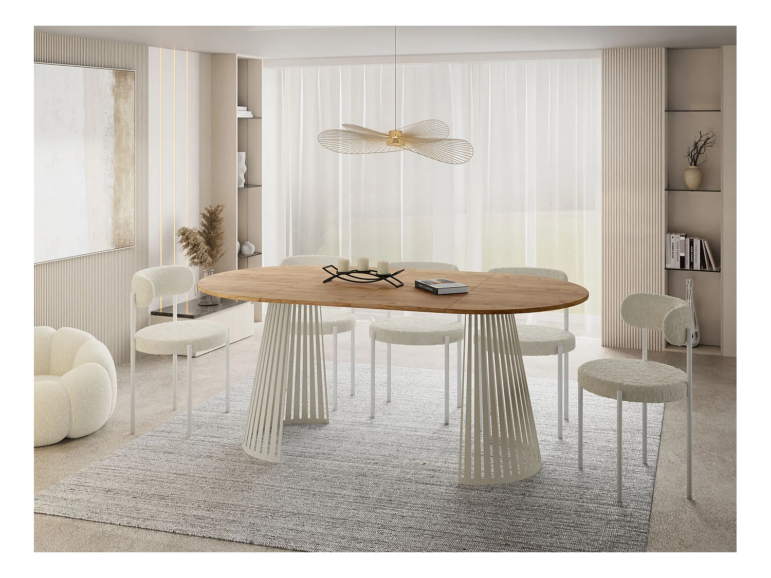 Esstisch Rund Ausziehbar mit Lamellen im Loft-Stil – 100 cm – Industrieller Tisch mit Metallbeinen in Beige Cashmere, Platzsparend für Wohnzimmer, Esszimmer – Braun