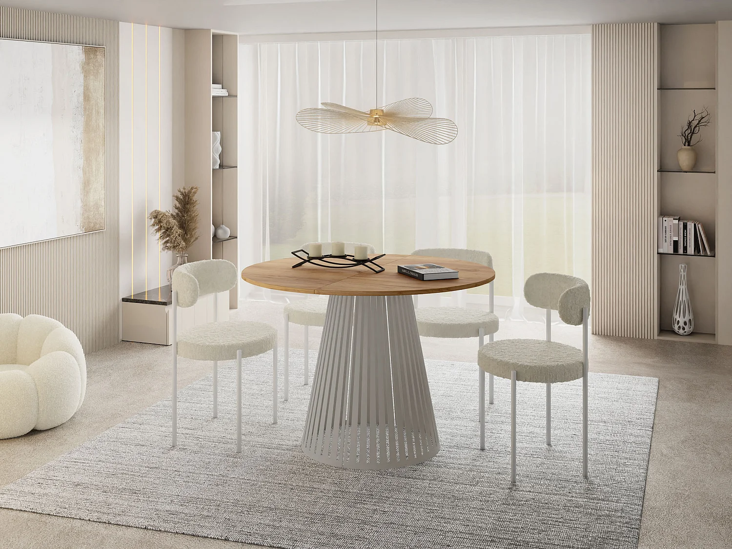 Esstisch Rund Ausziehbar mit Lamellen im Loft-Stil – 100 cm – Industrieller Tisch mit Metallbeinen in Grau-Beige, Platzsparend für Wohnzimmer, Esszimmer – Braun