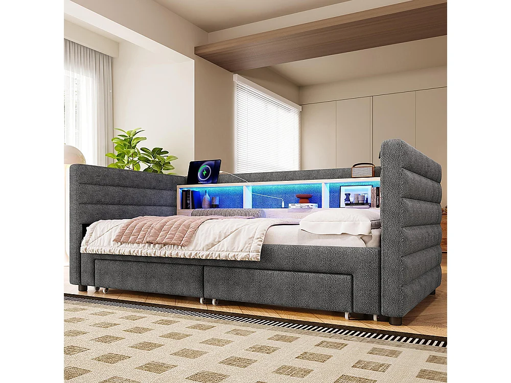 Lit banquette lit gigogne jour 90x190 cm canapé-lit multifonction USB Type-C 2 tiroirs rangement LED sans matelas velours gris