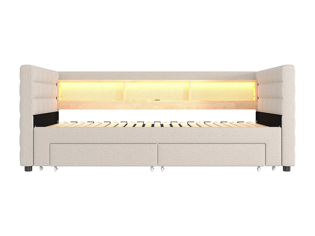 Lit banquette lit gigogne jour 90x190 cm canapé-lit multifonction USB Type-C 2 tiroirs rangement LED sans matelas velours beige