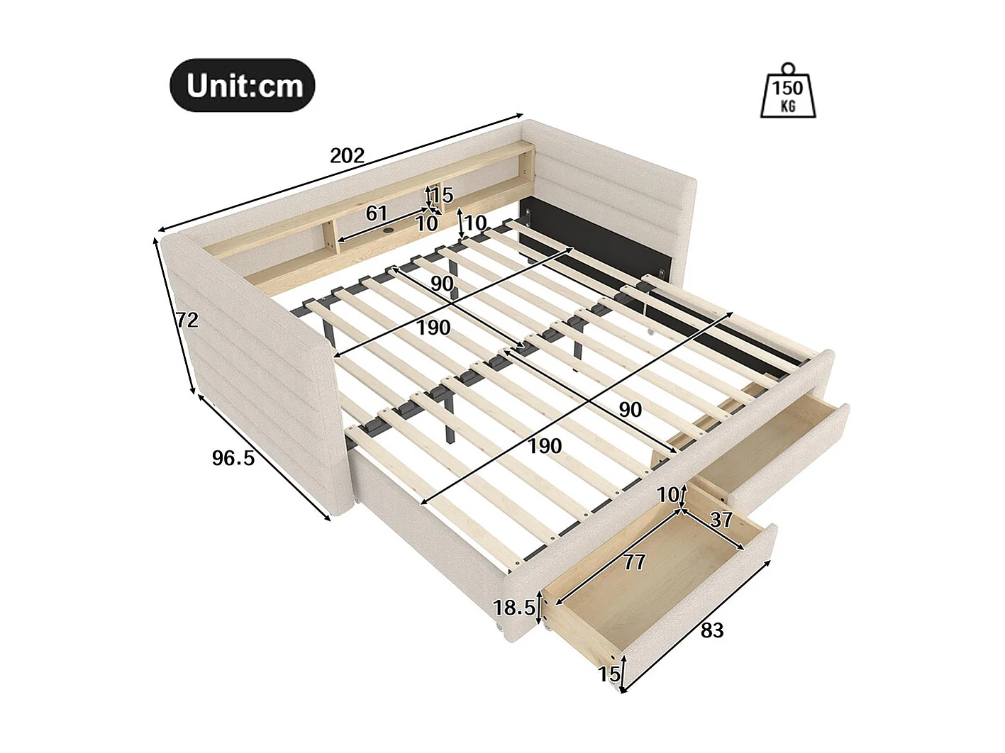 Lit banquette lit gigogne jour 90x190 cm canapé-lit multifonction USB Type-C 2 tiroirs rangement LED sans matelas velours beige