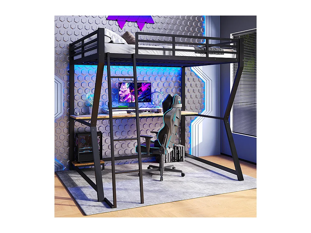 Lit mezzanine 140x200 cm LED bureau prise électrique USB garde-corps échelle sans matelas noir