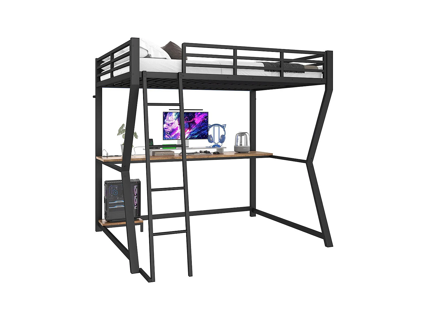 Lit mezzanine 140x200 cm LED bureau prise électrique USB garde-corps échelle sans matelas noir